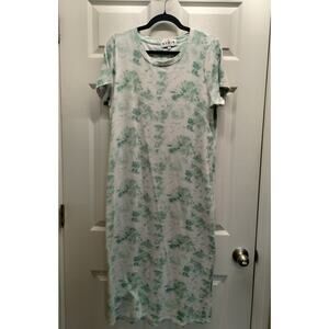Vintage KIKIT Women Size Large Green White Tie Dye Terrycloth-Like T-Shirt Dress